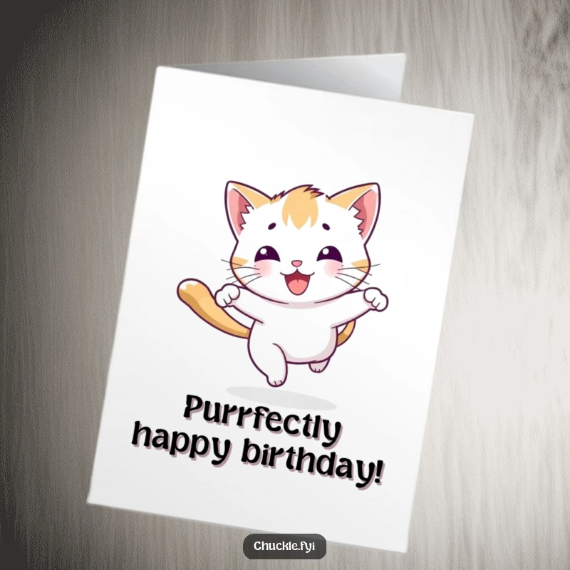 Funny free printable birthday card: a playful kitten joyfully bouncing while chasing a bright beam of light.