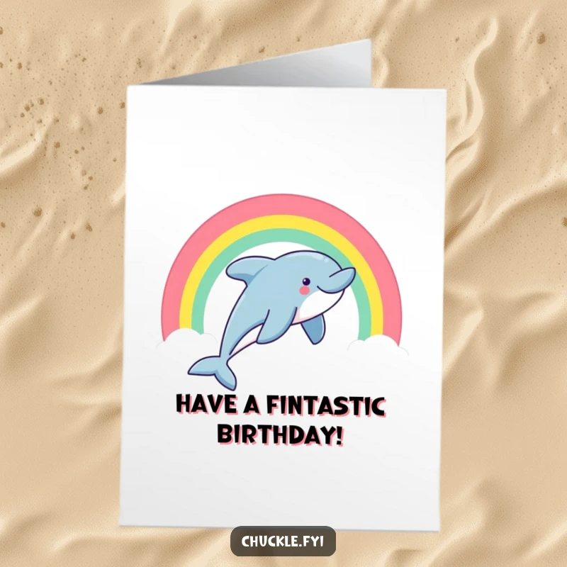 Funny Free Printable Birthday Card showing a joyful dolphin leaping high through a colorful rainbow arc, spreading cheer.