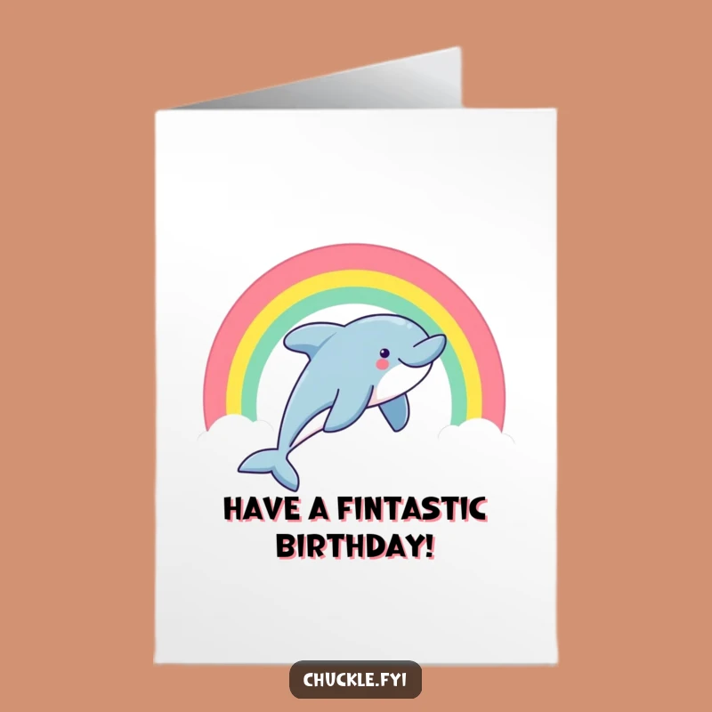Free Printable Birthday Card: Smiling Dolphin Rainbow Leap, Fun Downloadable Gift for Joy