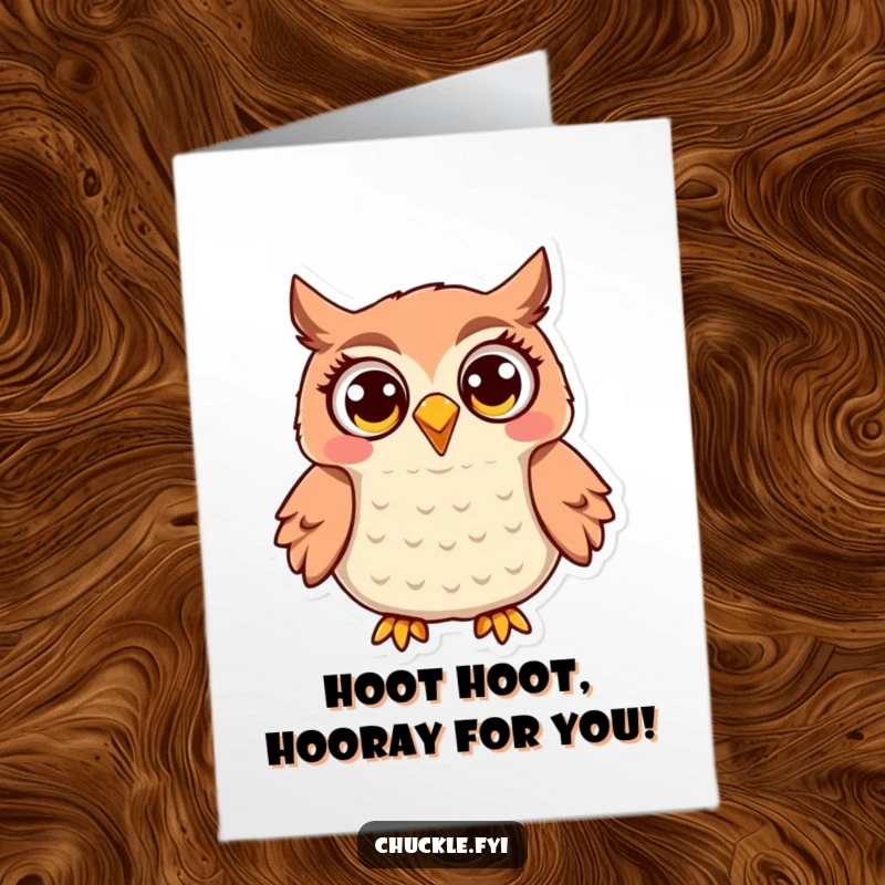 Funny Free Printable Owl Birthday Card: Jovial owl with wide eyes, hooting loudly with joy. A cheerful downloadable greeting.