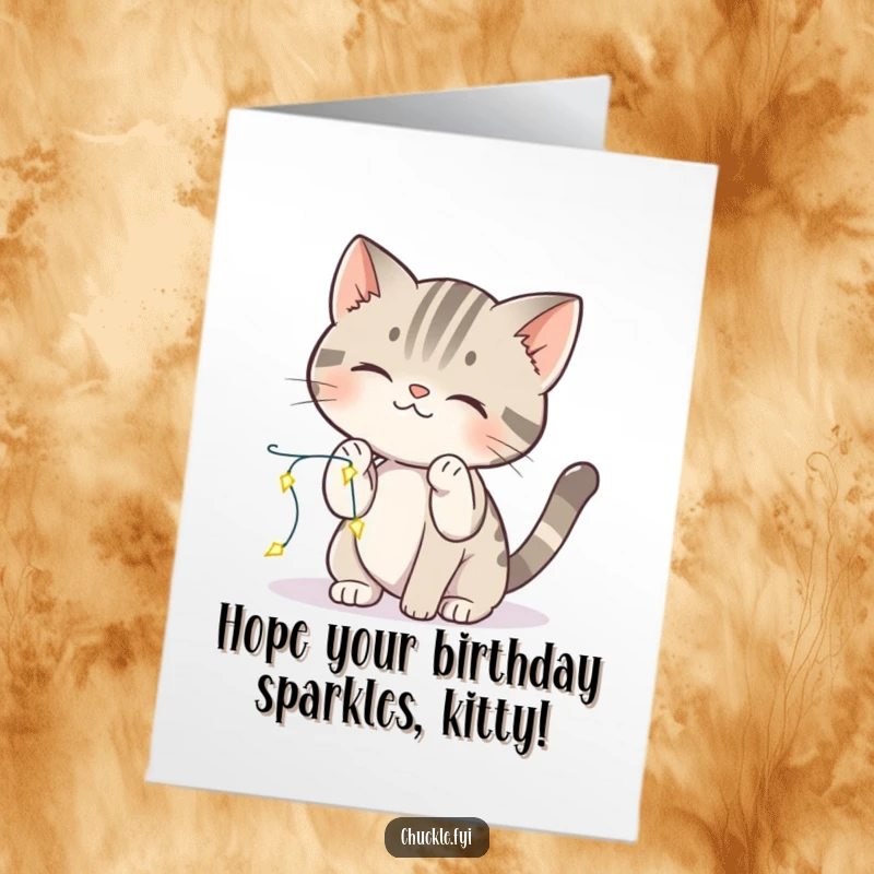 Funny Free Printable Birthday Card: Curious cat batting playfully at a string of tiny, sparkling lights, full of wonder!