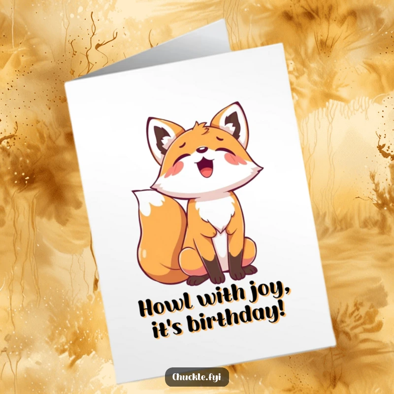 Funny Free Printable Birthday Card: A playful fox throws its head back, letting out a joyous, celebratory howl.