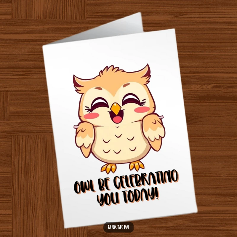 Funny Free Printable Owl Birthday Card: An owl shakes its head in amusement, eyes wide, sharing a hilarious birthday joke.