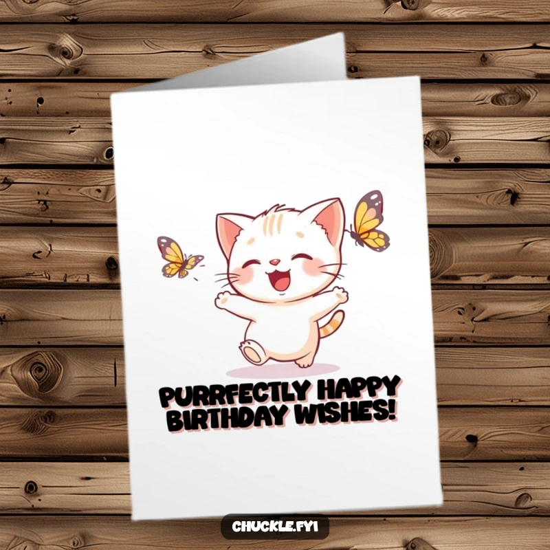 Free Printable Birthday Card with a delighted kitten joyfully leaping after a delicate, fluttering butterfly. Pure happiness captured.