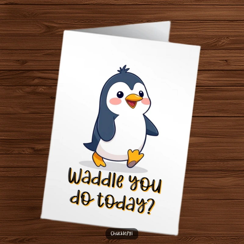 Funny Free Printable Penguin Birthday Card: A delighted penguin waddles with an exaggerated, joyful gait, ready to celebrate.