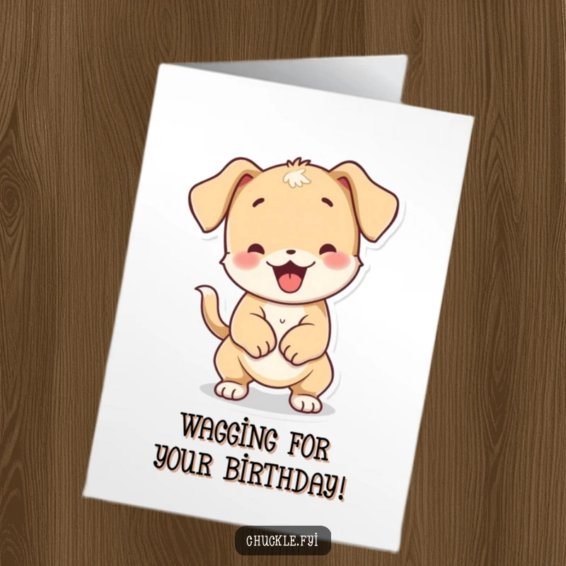 Funny Free Printable playful puppy character wagging its tail so hard its whole body wiggles, wishing a happy birthday.