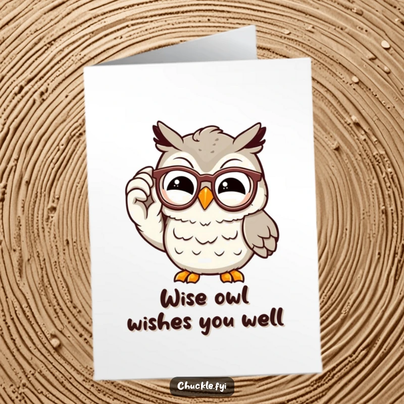 Funny Free Printable Owl Birthday Card: A wise owl adjusts spectacles with a knowing grin, chuckling happily.