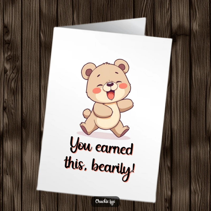 Funny Free Printable Congratulations Card: A giggling bear cub hilariously chasing its own tail, symbolizing joyful celebration.