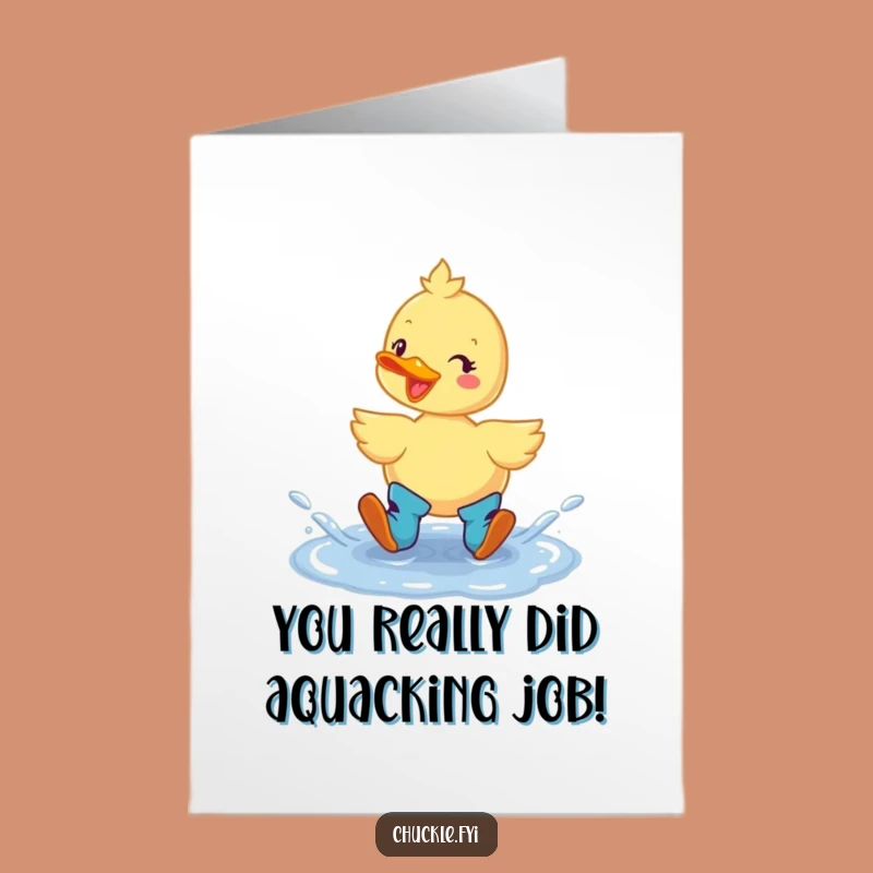 Free Printable Congrats Card: Duck in Boots Splashing Success, Downloadable Joy!