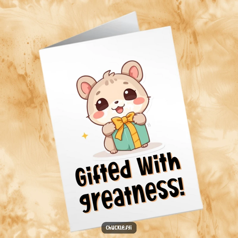 Funny Free Printable Congrats Card: Animal eyes wide with wonder, excitedly unwrapping a surprise gift, celebrating big.