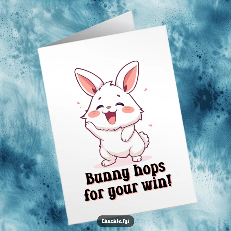 Funny Free Printable Congratulations Card: A fluffy bunny character shaking vigorously with uncontrollable, joyful laughter.
