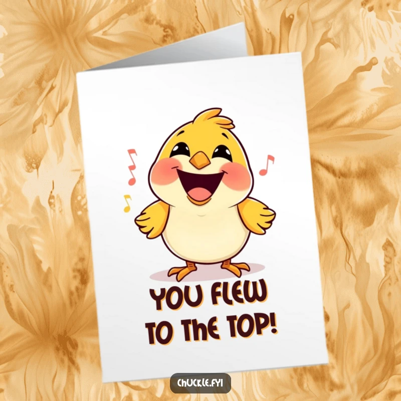 Funny free printable congratulations card of a happy little bird with a huge grin, singing a joyful tune of success.