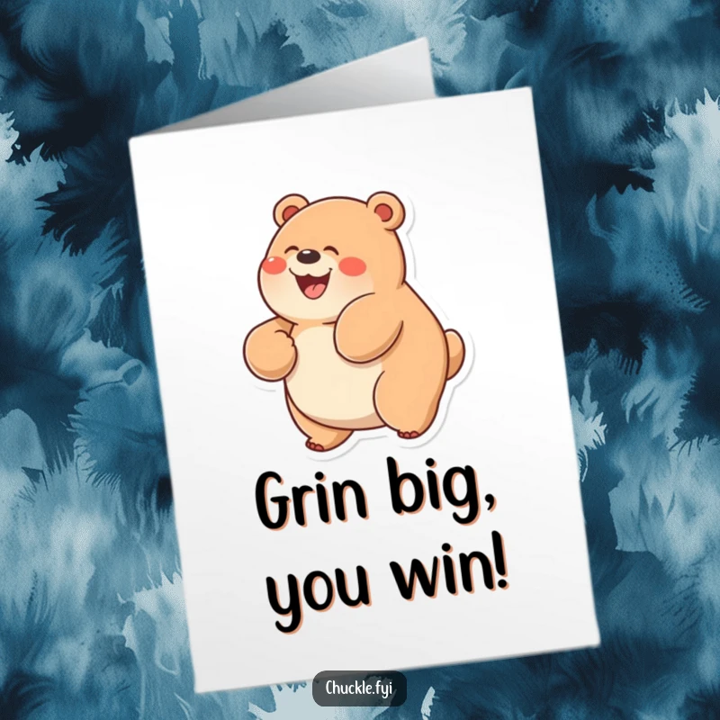 Funny Free Printable Congratulations Card: A happy bear with a huge grin is rolling on its back, celebrating big news.