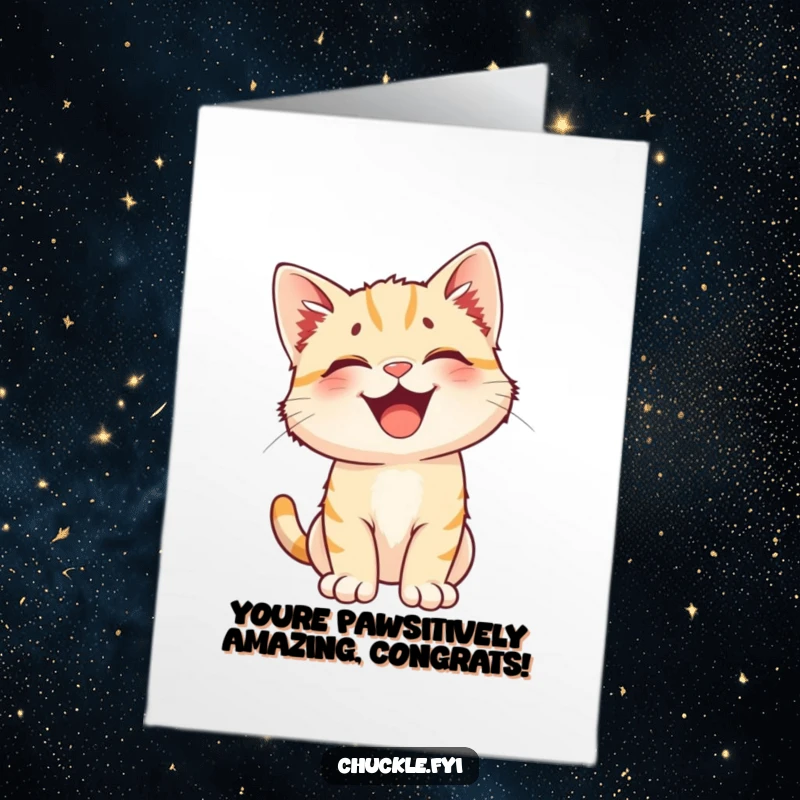 Funny Free Printable Congratulations Card: A happy kitten with perked ears bursts into fits of adorable laughter.