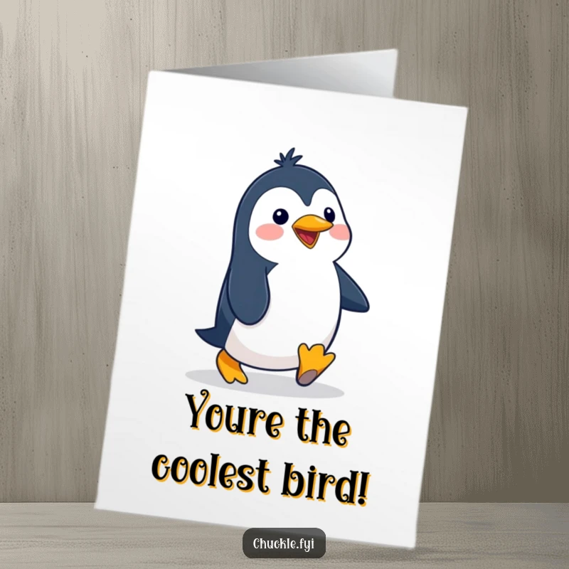 Funny Free Printable Penguin Congratulations Card: A delighted penguin with a silly gait celebrates a big win.