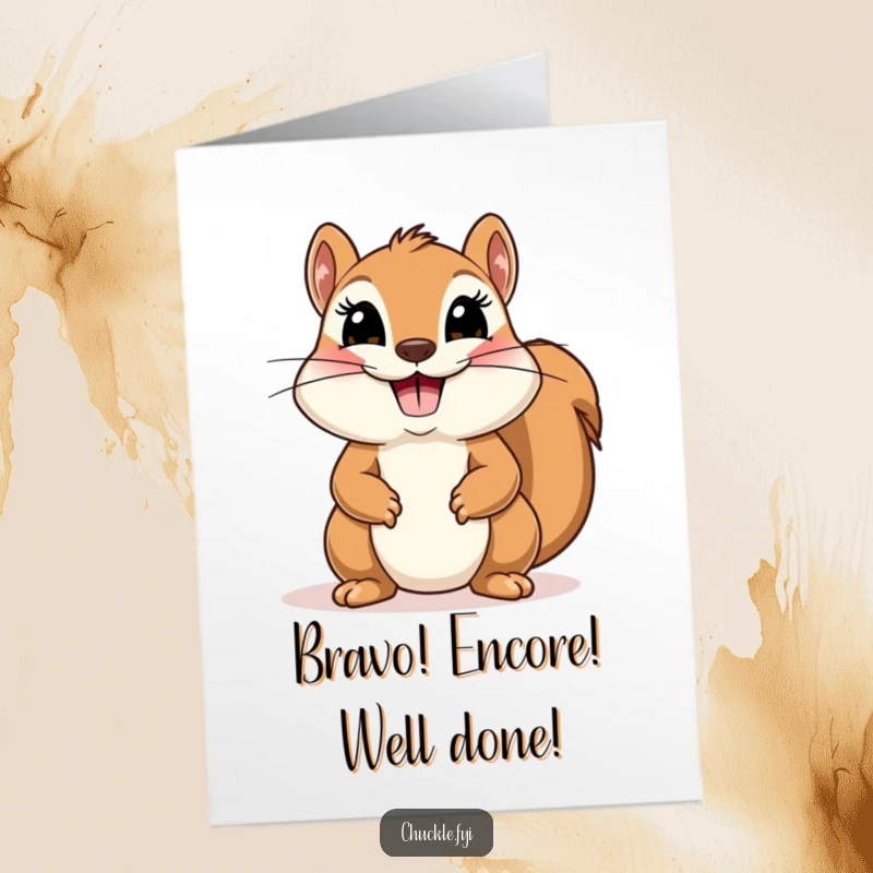 Funny Free Printable Congratulations Card: A cute, smiling squirrel performing a comical and theatrical bow to honor achievement.