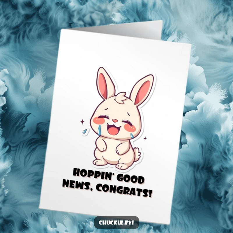 Free Printable Congratulations Card: A kawaii bunny giggling uncontrollably with tears of joy, celebrating happy news.