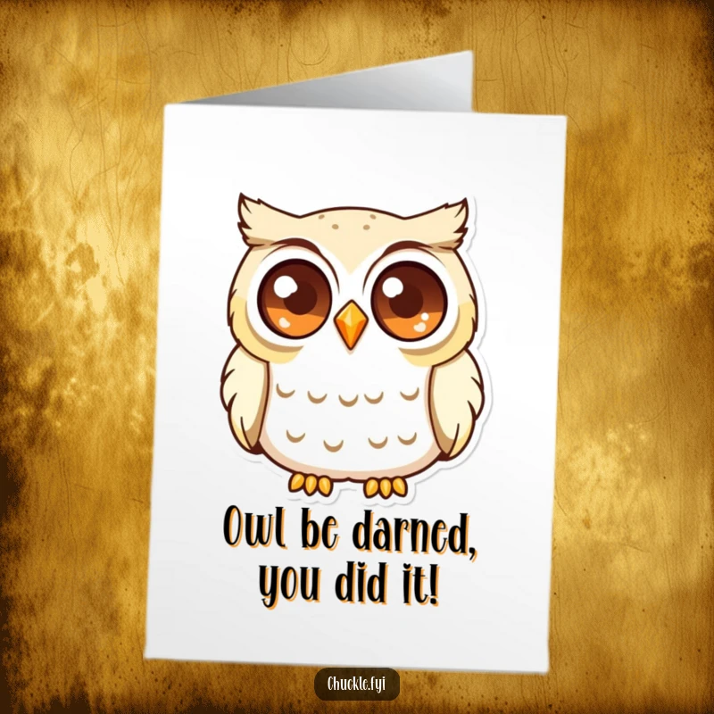 Funny Free Printable Congratulations Card: A curious owl with big, sparkling eyes is softly chuckling at a great success.