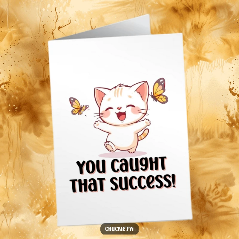 Free Printable Congratulations Card: A thrilled kitten joyfully pursuing a whimsical butterfly in a playful dance. Sweet victory.