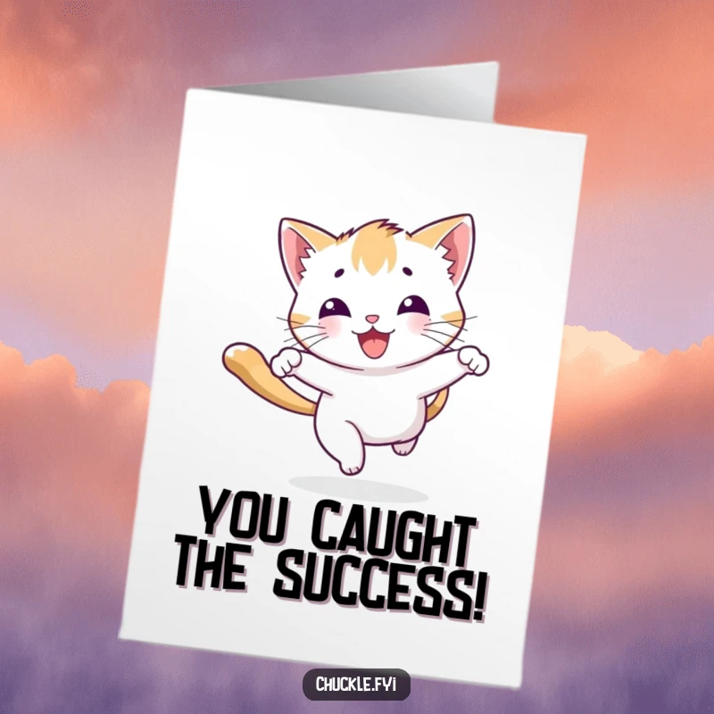 Free printable congratulations card: a playful kitten exuberantly chasing a beam of light with a happy bounce.