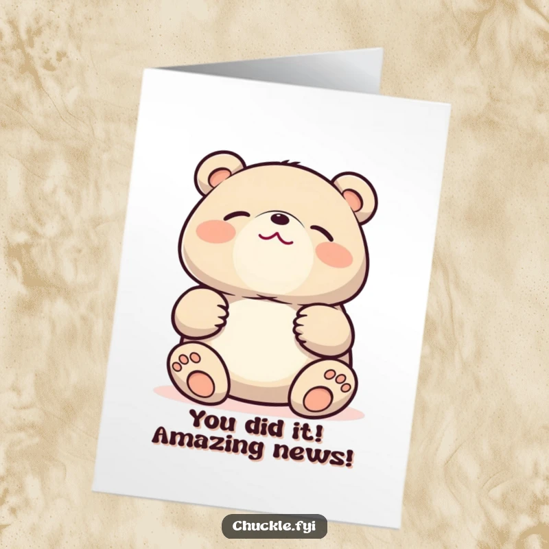 Funny Free Printable Congrats Card: Kawaii bear roaring with laughter, stomach shaking, eyes closed in pure amusement.