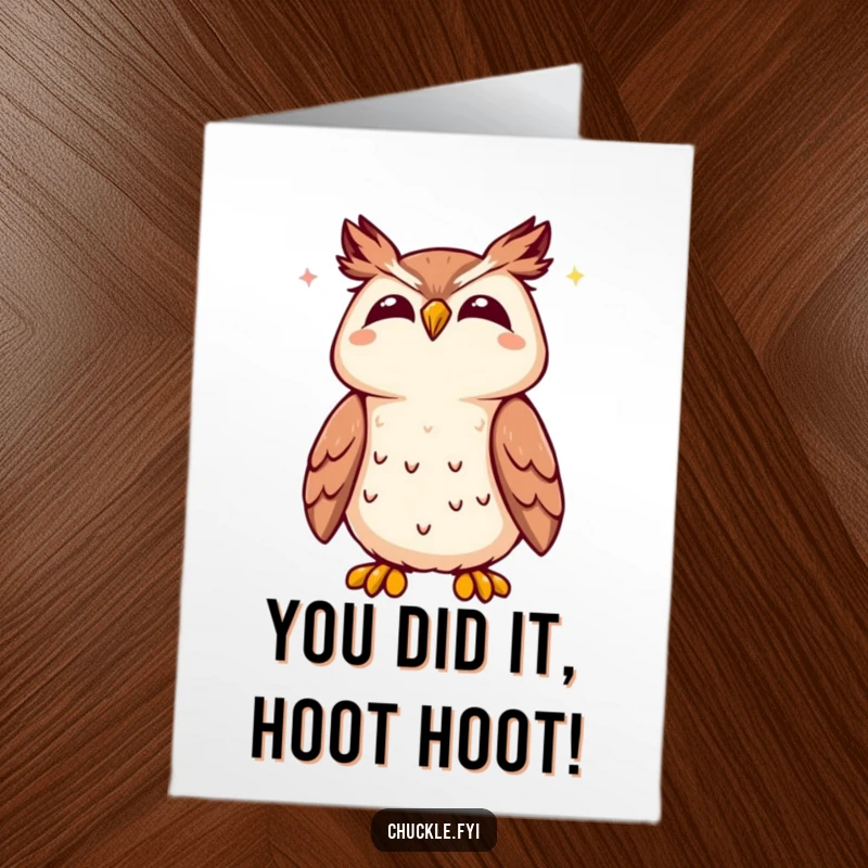 Funny Free Printable Congrats Card: An adorable kawaii owl joyfully hooting, head tilted back in celebration.