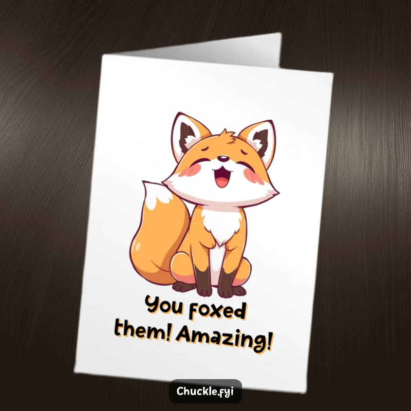 Funny Free Printable Congratulations Card: A joyful fox character is captured mid-howl, celebrating a fantastic achievement.