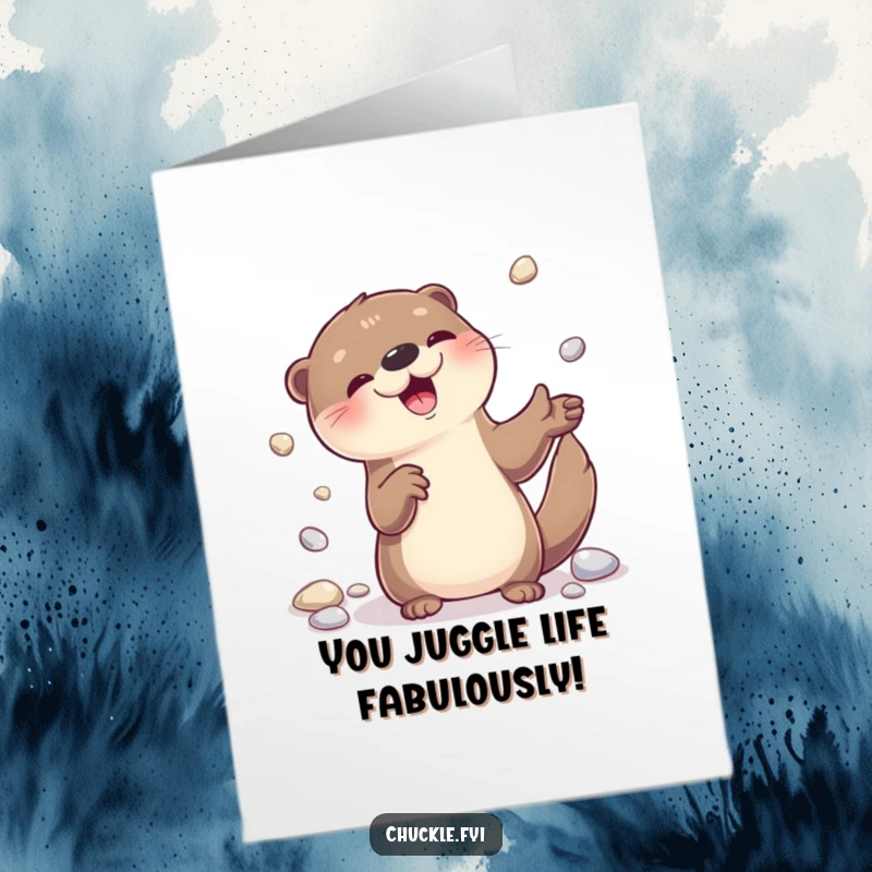 Funny Free Printable Congratulations Card: A happy otter expertly juggles pebbles, celebrating your success with a delightful, cheerful expression.