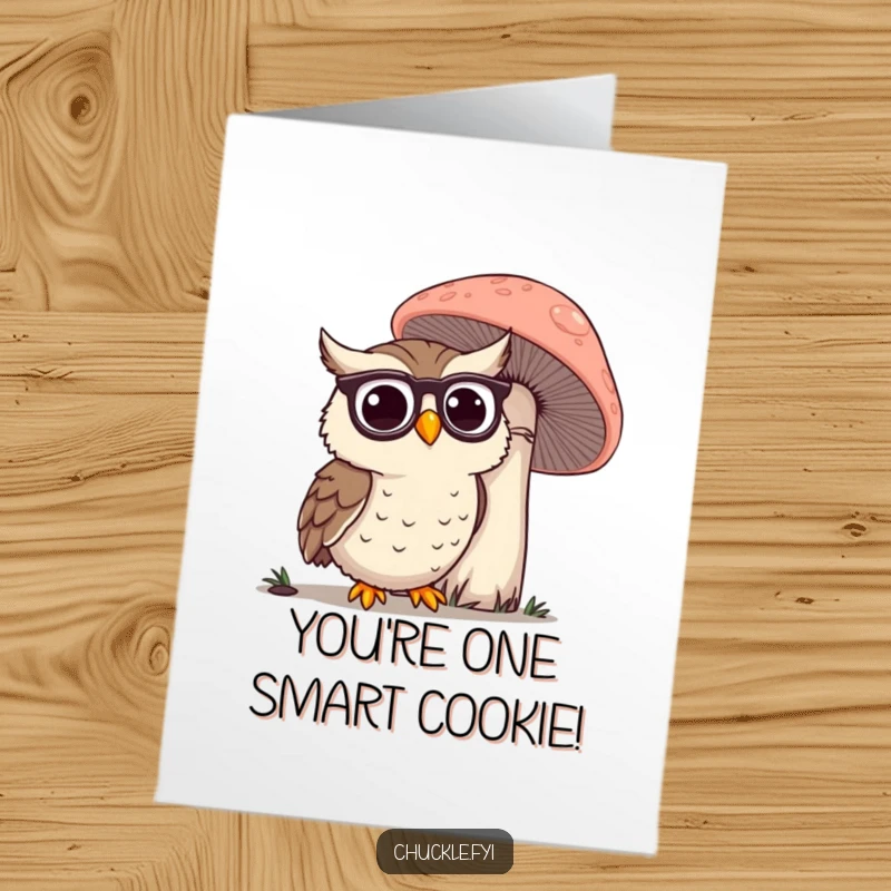 Funny Free Printable Congratulations Card: Happy owl with spectacles discovers a giant mushroom, symbolizing a wise and wonderful achievement.