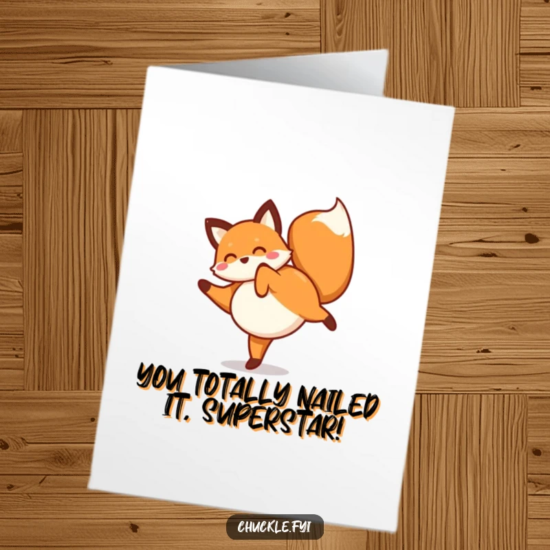 Funny Free Printable Congratulations Card: A delighted fox cartwheeling with excitement, celebrating your success!