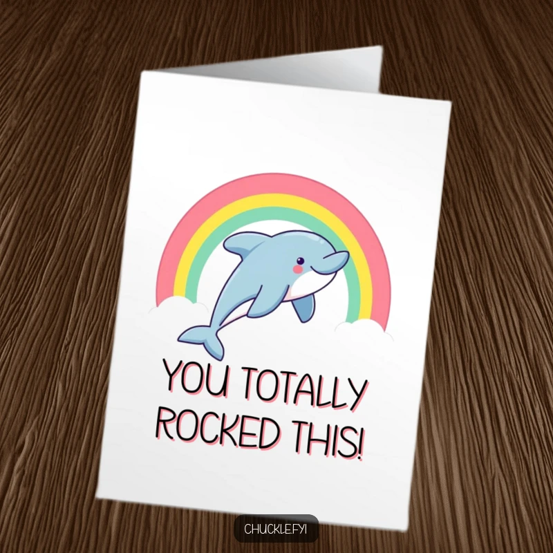 Funny Free Printable Congrats Card featuring a delighted dolphin soaring through a vibrant rainbow, marking a special achievement.