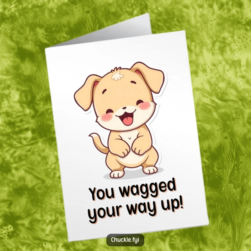 Funny Free Printable puppy character wagging its tail so hard its body wiggles, ideal for sending congratulations.