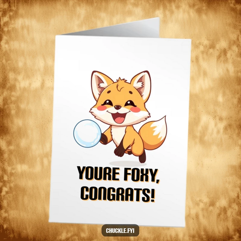 Funny Free Printable Congratulations Card: A fox cub with a huge grin joyfully pursues a floating bubble.