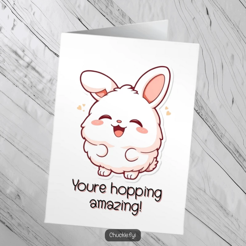 Funny Free Printable Congrats Card: A fluffy bunny character laughing heartily, head tilted back in a display of pure, joyous celebration.
