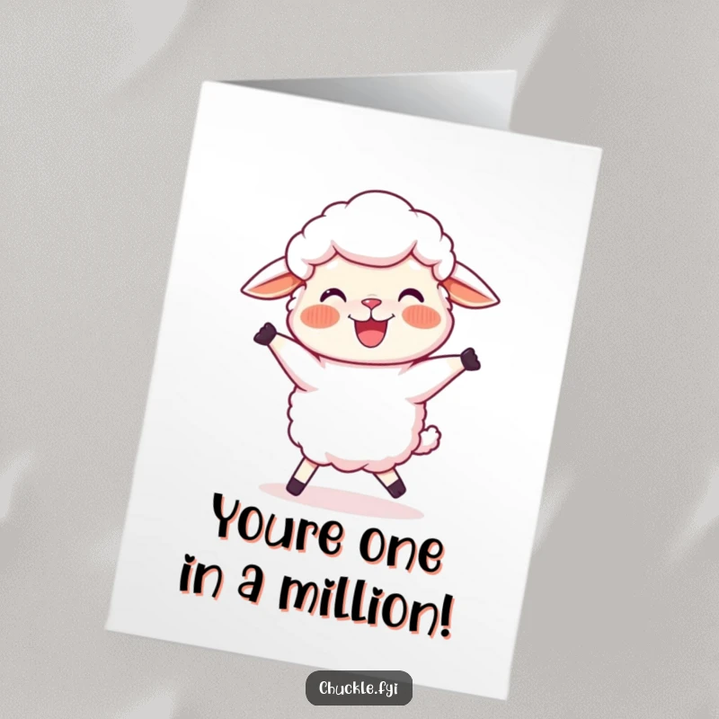 Funny free printable congratulations card showing a joyful sheep with rosy cheeks performing a silly, wobbly dance to celebrate.