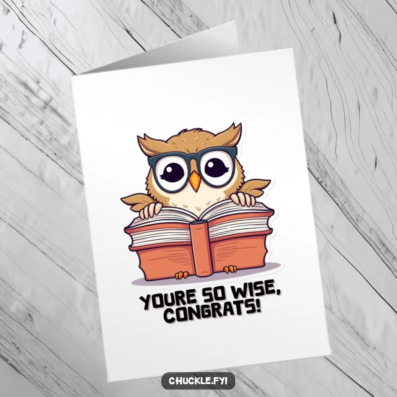 Funny Free Printable chuckling owl with spectacles peeking over a book, ideal for sending congratulations on academic or intellectual achievements.