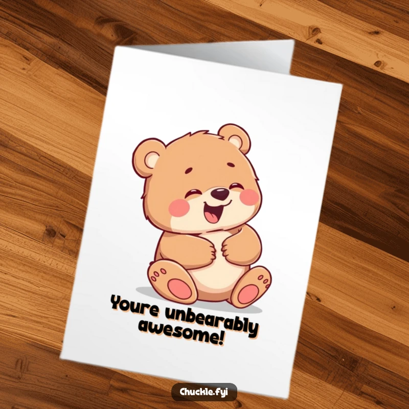 Funny Free Printable Congratulations Card: A little bear cub giggling uncontrollably, holding its belly, great for a downloadable gift.