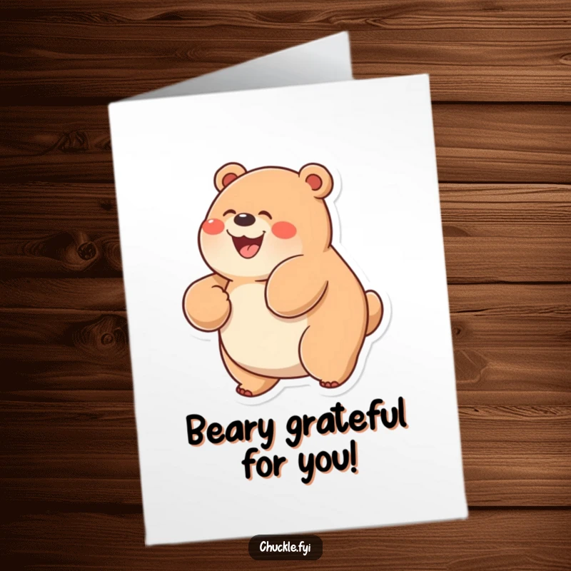 Funny Free Printable Thank You Card: A chubby bear with a wide smile rolls on its back, radiating pure happiness.