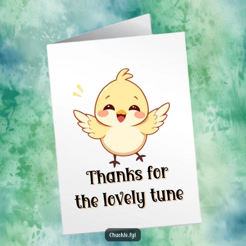 Funny Free Printable Thank You Card: A happy bird character fluttering wings and chirping a grateful tune.