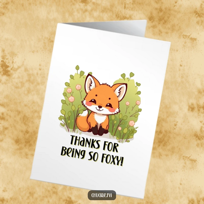 Funny Free Printable Fox Thank You Card: Tiny cub peeking from bush, chuckling slyly. A charming downloadable expression of thanks.