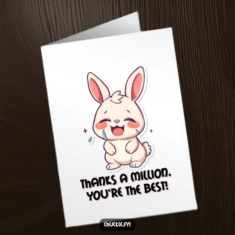 Funny Free Printable Thank You Card: Kawaii bunny giggling hysterically, tears of joy streaming, offering a humorous thank you.