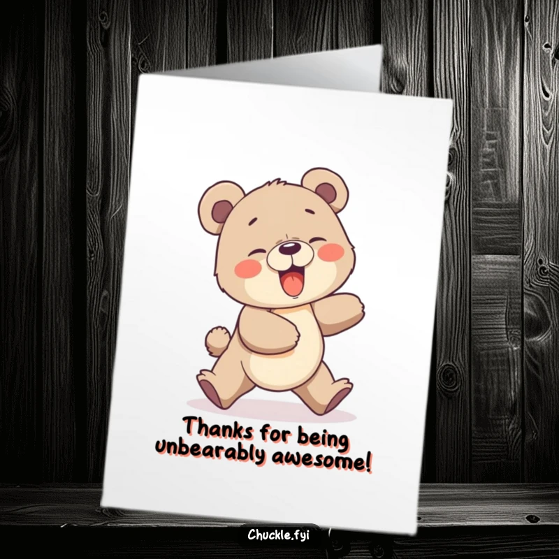 Funny Free Printable Thank You Card: A giggling bear cub comically chasing its tail, showing a whirlwind of thanks.