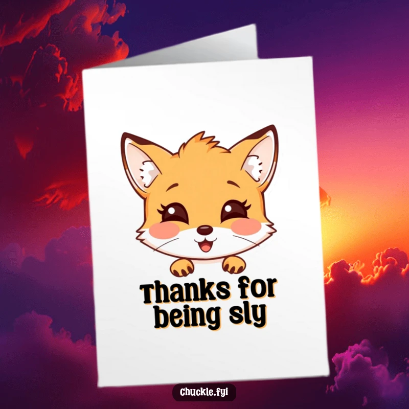 Funny Free Printable Thank You Card featuring a curious fox with a delighted expression, peeking out to say thanks.