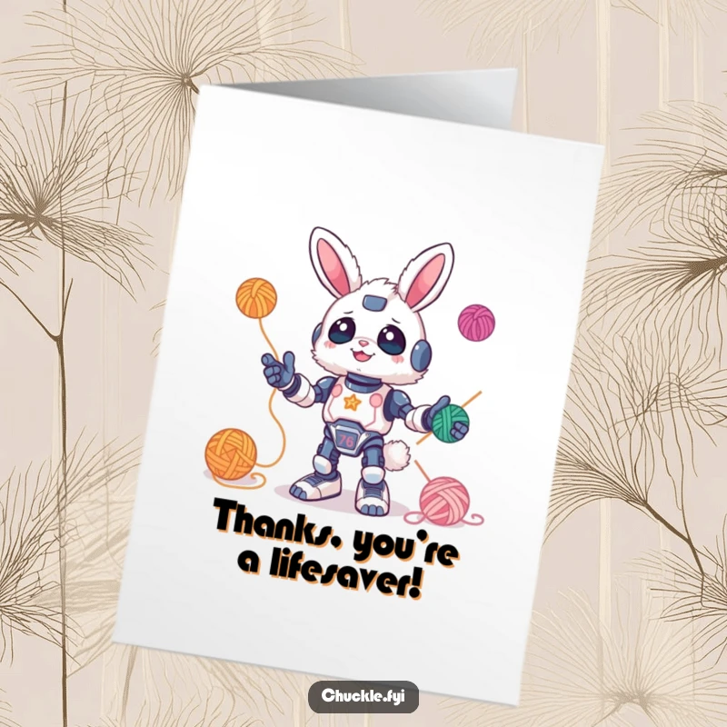 Funny Free Printable Thank You Card featuring a fluffy bunny robot gleefully juggling colorful yarn balls, a unique way to say thanks.