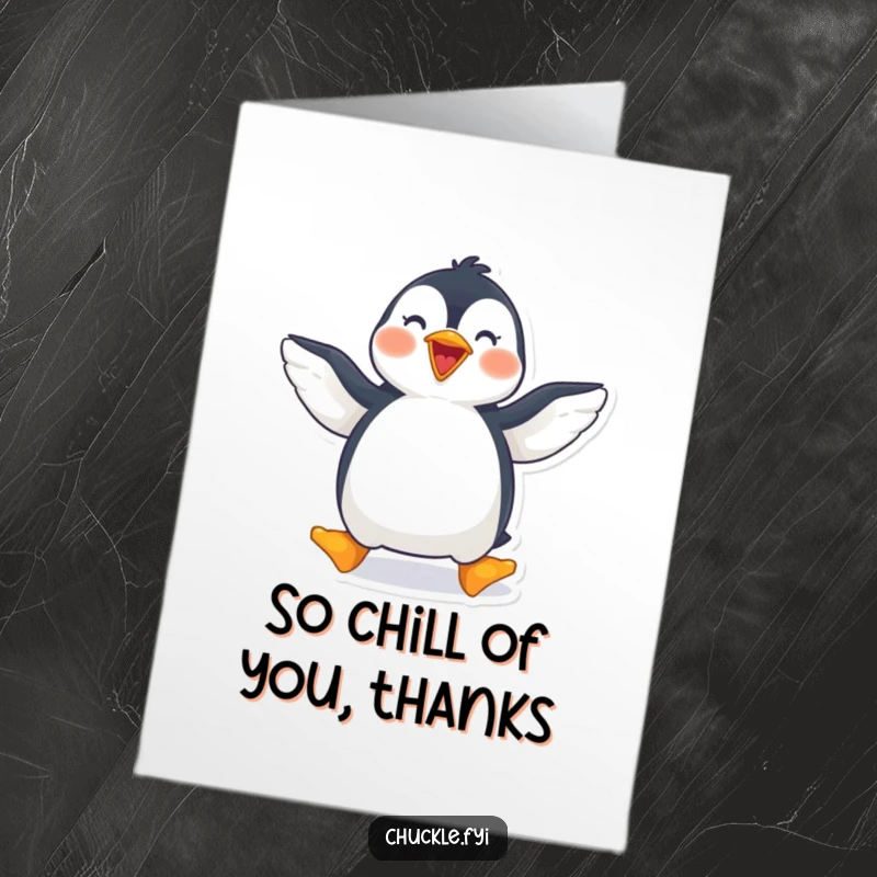 Funny Free Printable Thank You Card featuring a joyful penguin waddling with wings spread, expressing sincere thanks.