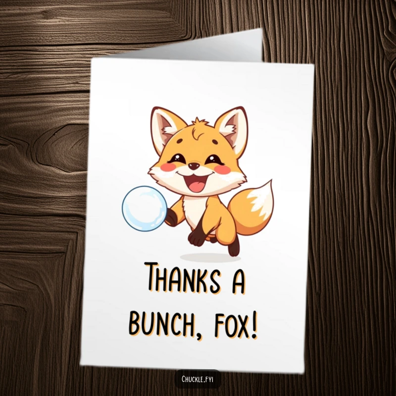 Funny Free Printable Thank You Card: A happy fox cub with a big grin chases a floating bubble.