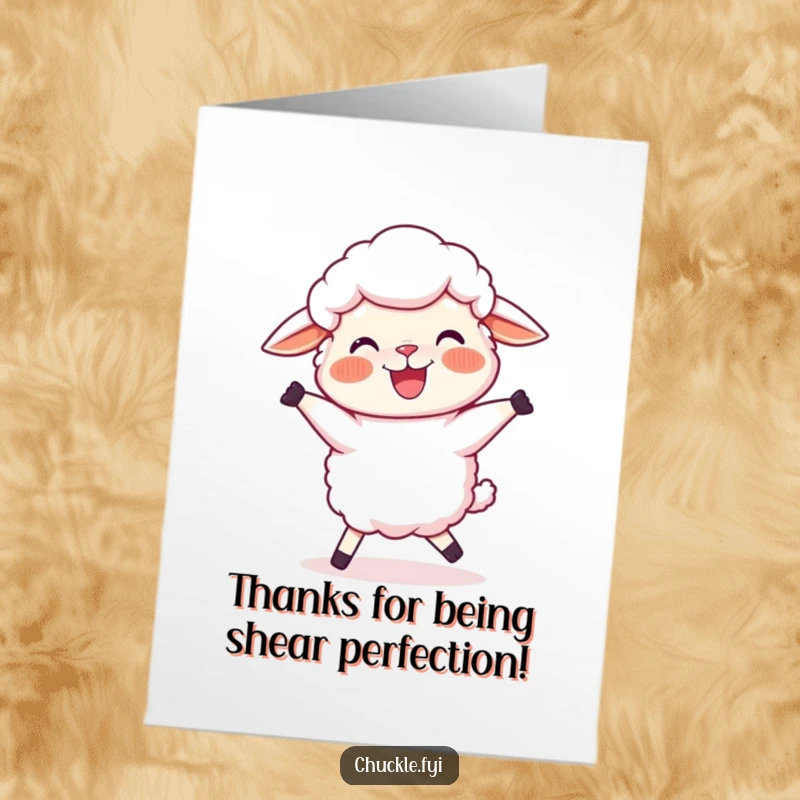 Funny free printable thank you card featuring a joyful sheep with rosy cheeks doing a silly, wobbly dance of thanks.