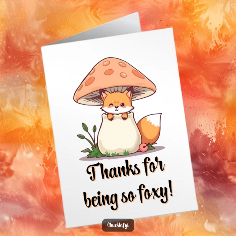 Funny Free Printable Fox Thank You Card: Playful fox peeking from behind a mushroom, expressing sincere thanks.