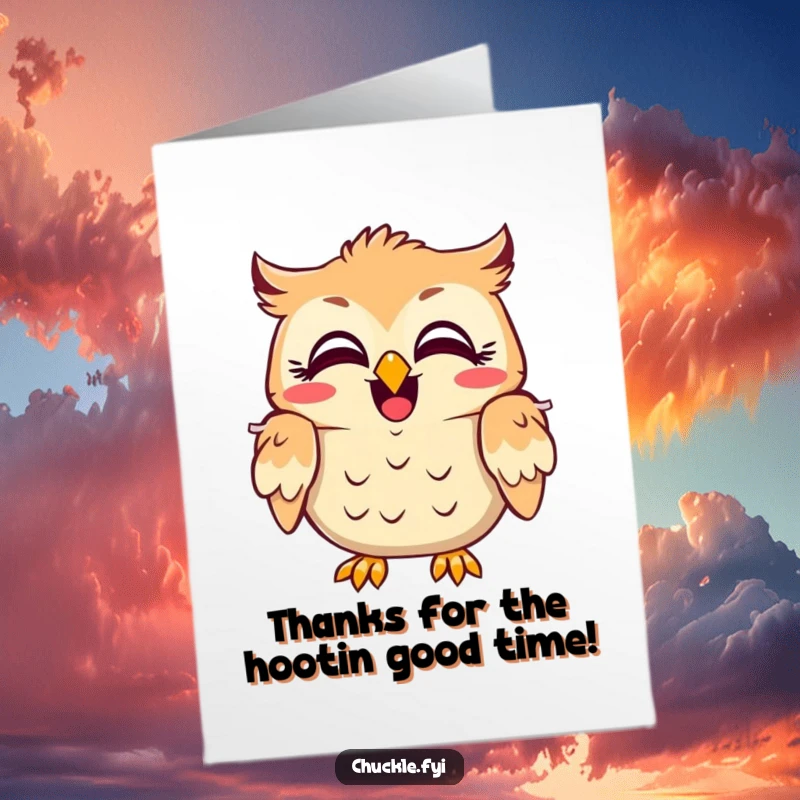 Funny Free Printable Thank You Card: A laughing owl shakes its head, eyes wide with amusement, offering thanks with a smile.