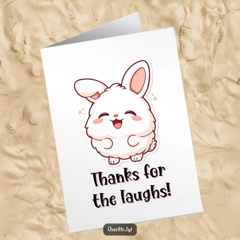 Funny Free Printable Thank You Card: A fluffy bunny character laughing heartily, head tilted back, conveying thanks with infectious, good cheer.